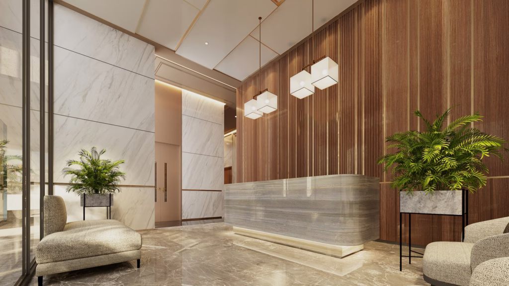Concierge desk in stone and timber with planting