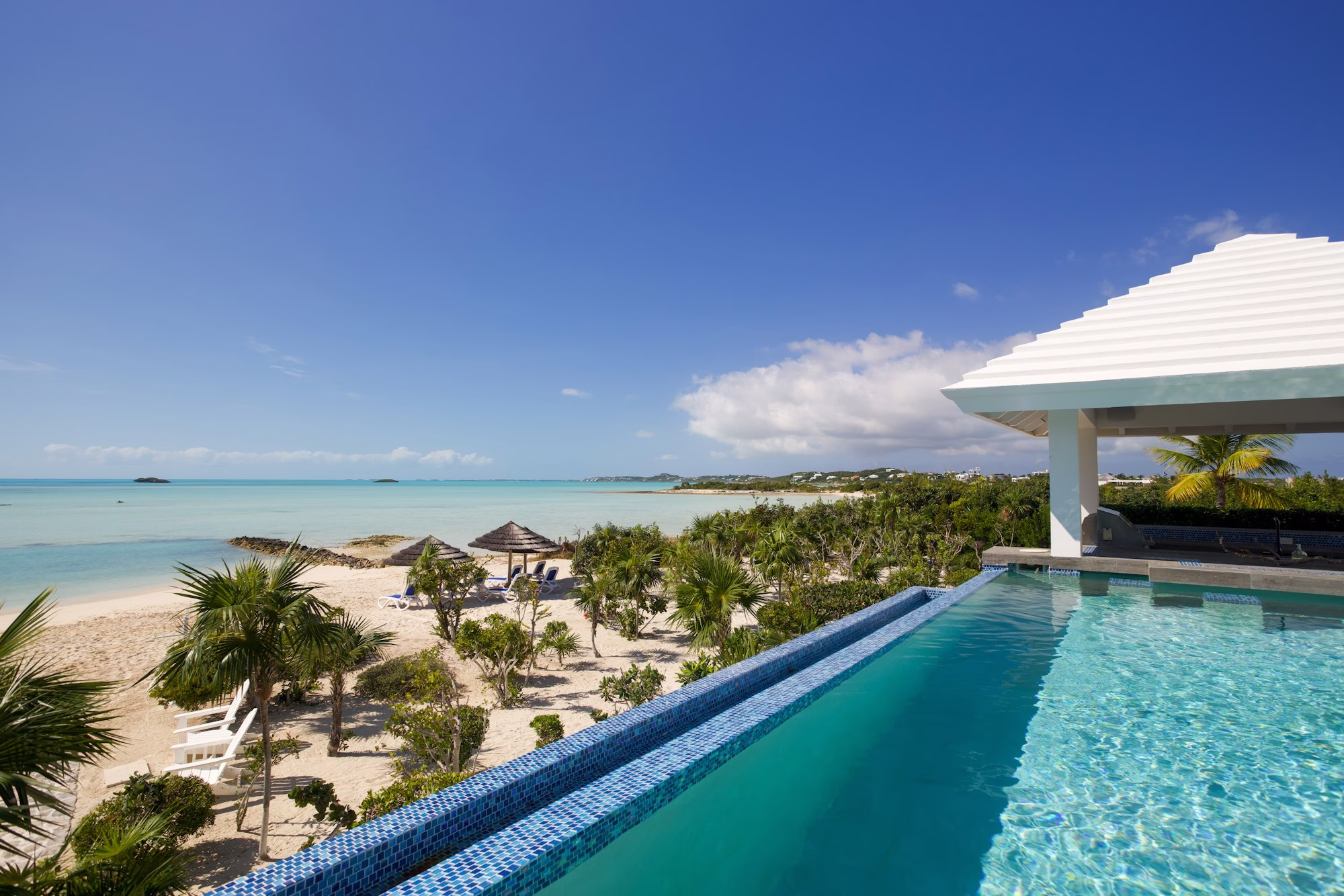 Infinity pool above a sandy beach lined with palms