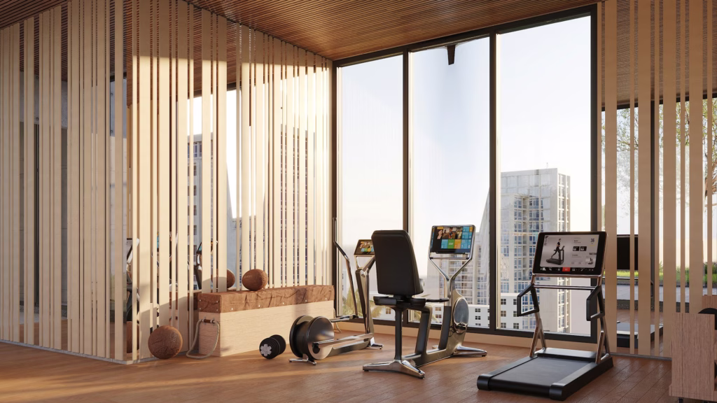 Fitness studio with timber screens and full-height windows